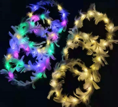 Luminous feather headband, white, with colorful LED lights